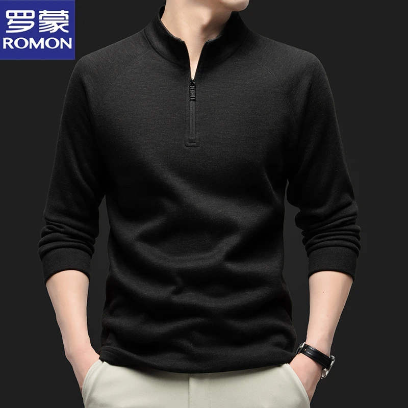 罗蒙秋冬季新款男士长袖半拉链上衣柔软舒适简约休闲立领T恤衫男