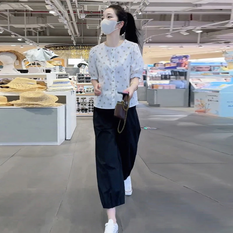 6736时尚碎花衬衫减龄阔腿裤潮流两件套