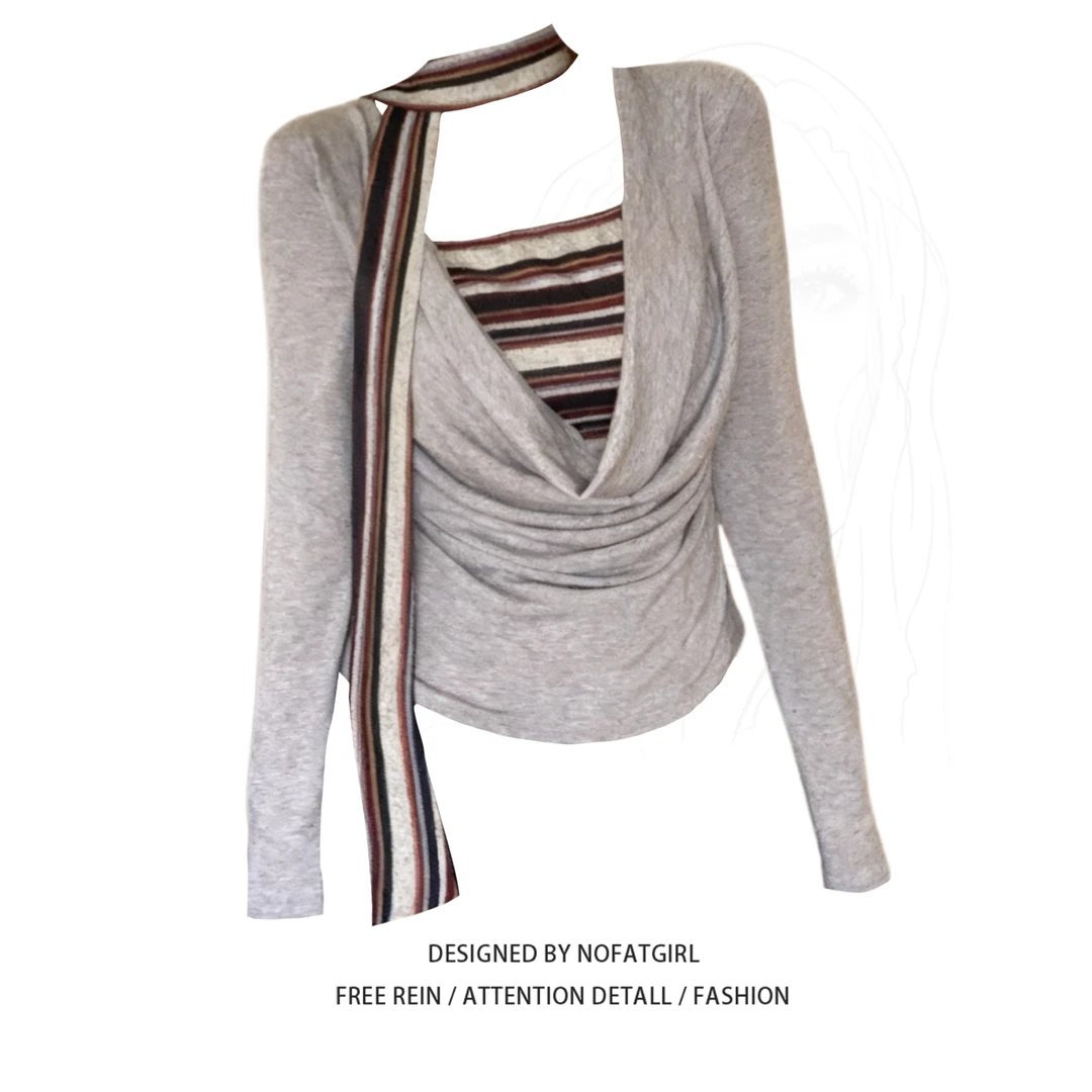 大码胖MM复古撞色假两件荡领飘带长袖T恤女秋季新款气质显瘦上衣