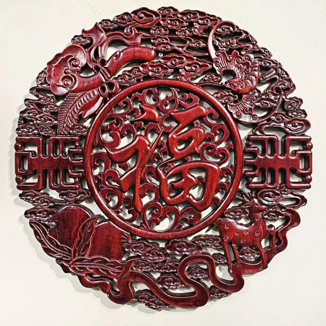 【特大号福禄寿喜】58大号木雕挂画 中式香樟木东阳木雕客厅挂件