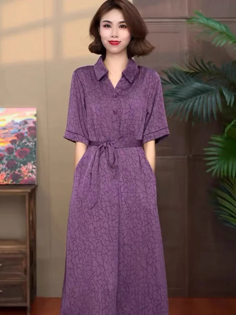 8889夏季新款翻领显瘦连衣裙高端大码收腰显气质长款过膝时尚长裙