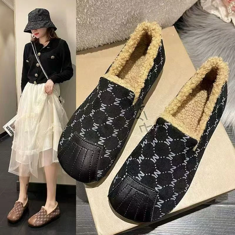 冬季新款加绒加厚毛毛鞋休闲女鞋百搭浅口豆豆鞋棉鞋加厚平底鞋子