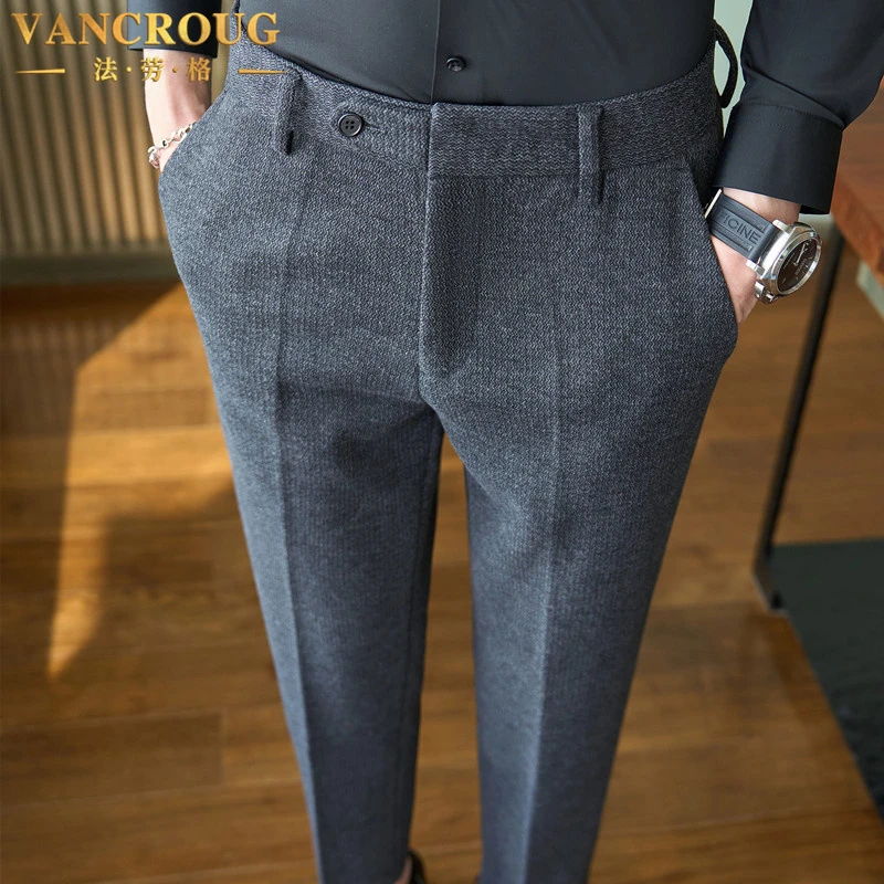 VANCROUG/法劳格西裤男士秋冬高端商务休闲修身直筒毛呢抓绒裤子