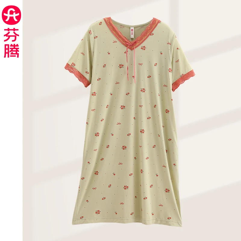 芬腾短袖睡裙2025女新款睡衣夏V领可外穿家居服休闲甜美舒适舒适