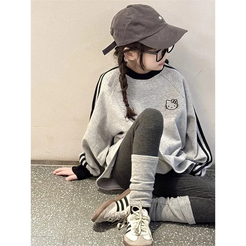 女童中大童圆领长袖t恤时髦洋气春秋薄款撞色拼接卡通儿童上衣潮