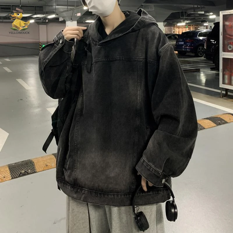 黑色做旧牛仔卫衣男爆款痞帅水洗高街oversize宽松连帽衫夹克上衣