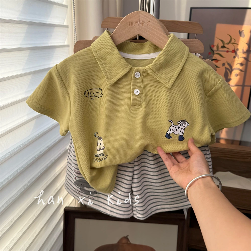 自留~上学B备！韩国男女童卡通印花短袖POLO衫儿童宽松百搭T恤25夏