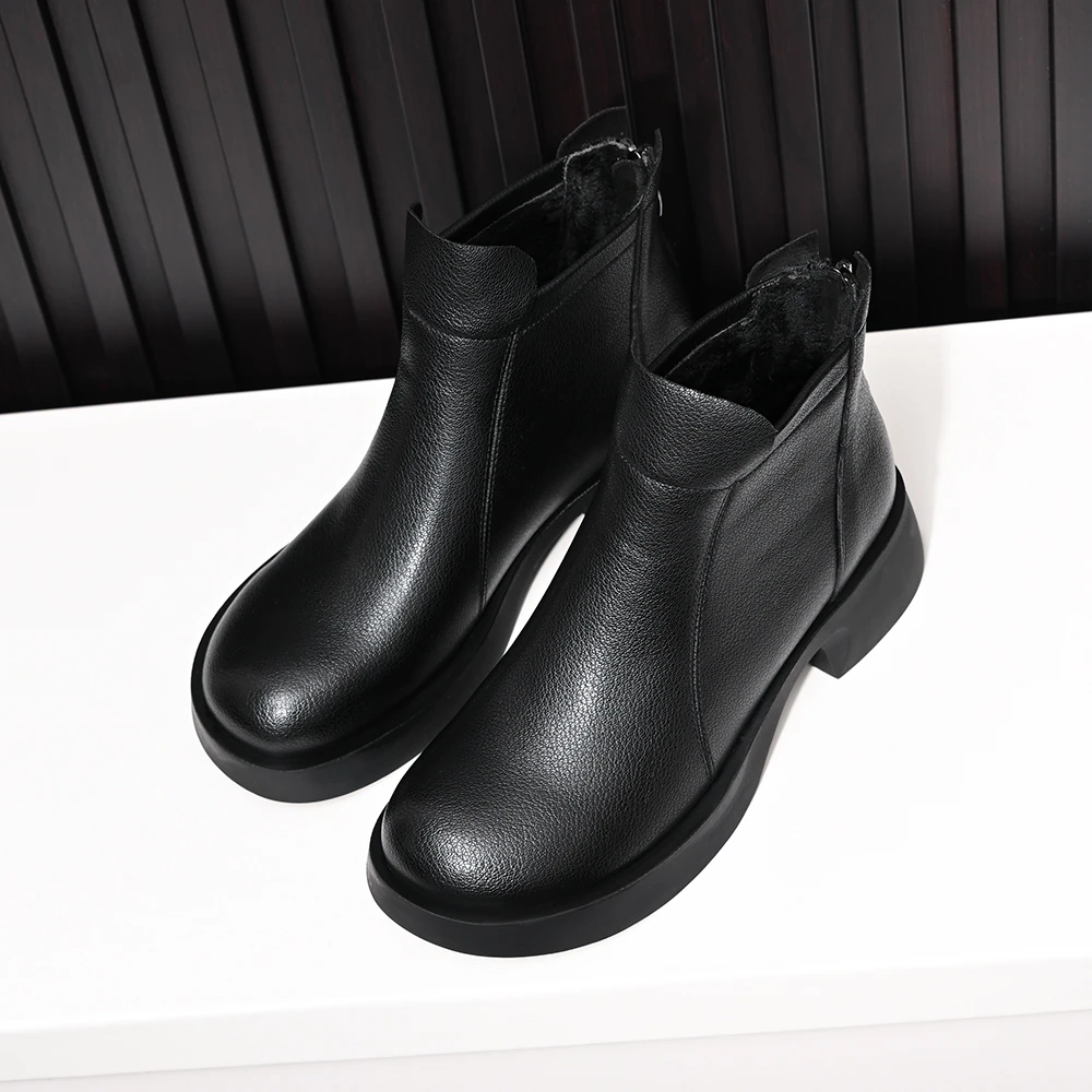 英伦风圆头粗跟后拉链短靴女秋冬新款厚底时尚舒适简约短筒时装靴