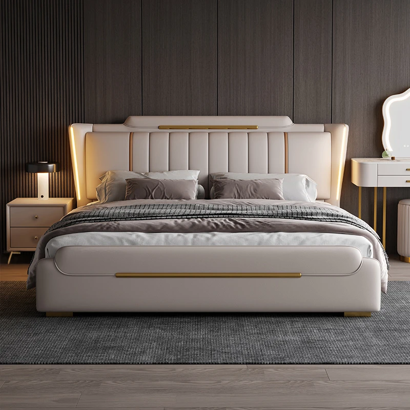 轻奢皮床真皮床双人床现代简约主卧1.8米高端2米大床意式储物软包