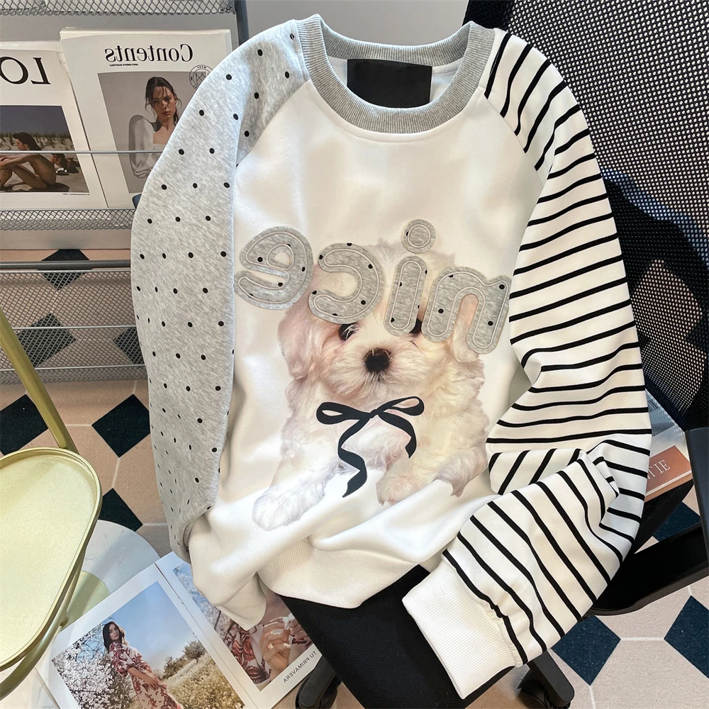 美式小狗印花拼接条纹波点卫衣男女早秋独特超好看插肩长袖上衣潮