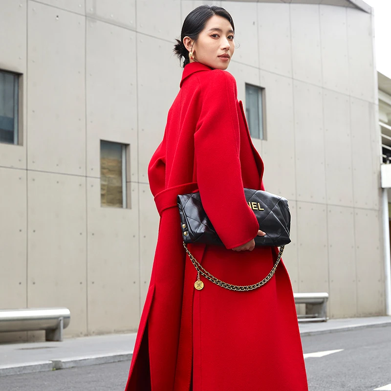 秋冬新款高级感大红色双面羊毛呢大衣女中长款过膝高端羊毛呢外套