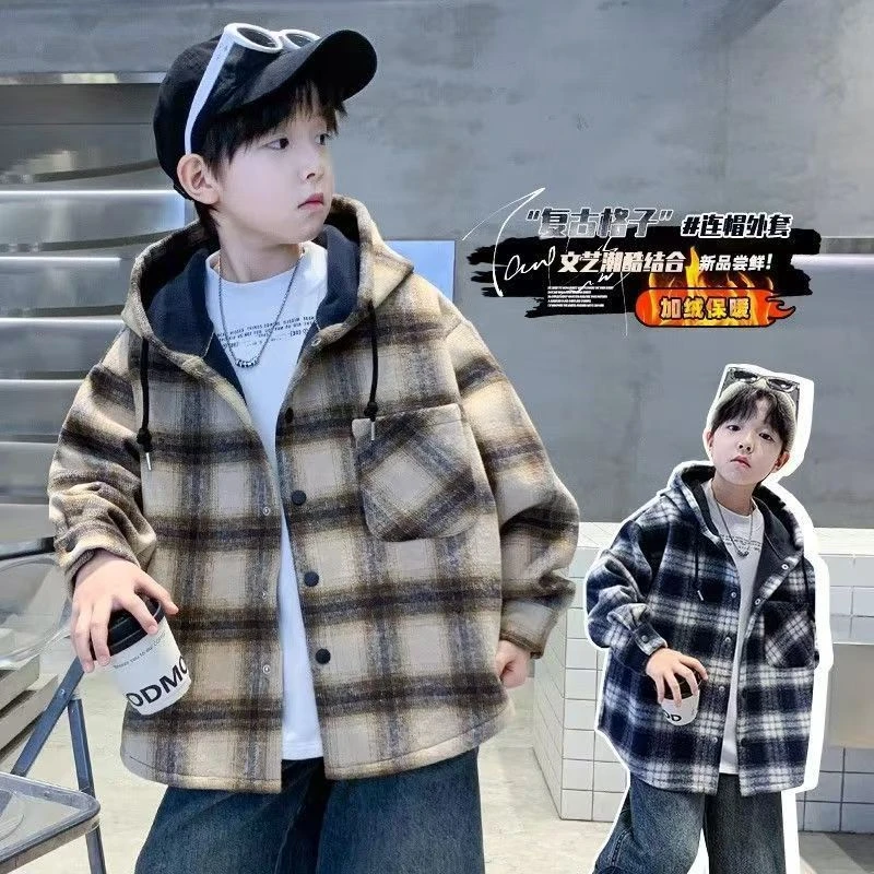 男童外套加绒加厚2025新款中大童冬装男孩格子青少年秋冬款外套