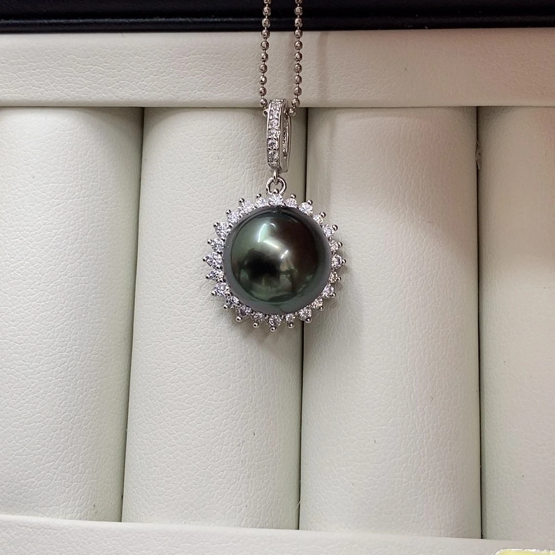 银S925镶嵌海水珍珠吊坠(不含链)孔雀绿12.4 无瑕