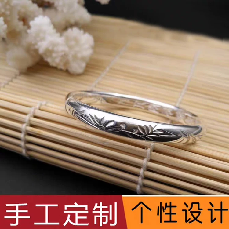 足银手镯 润土匠心手镯手工定制银饰 《四联长寿》女手镯子s999浮雕