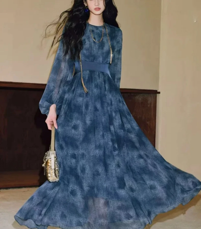 【GFHG专属】浪漫朦胧感水墨蓝晕染收腰大摆连衣裙LSQ2751