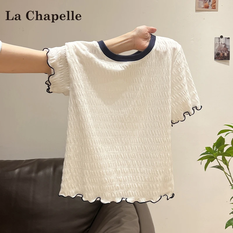 拉夏贝尔白色圆领短袖t恤女夏季2025年新款设计感木耳边撞色上衣