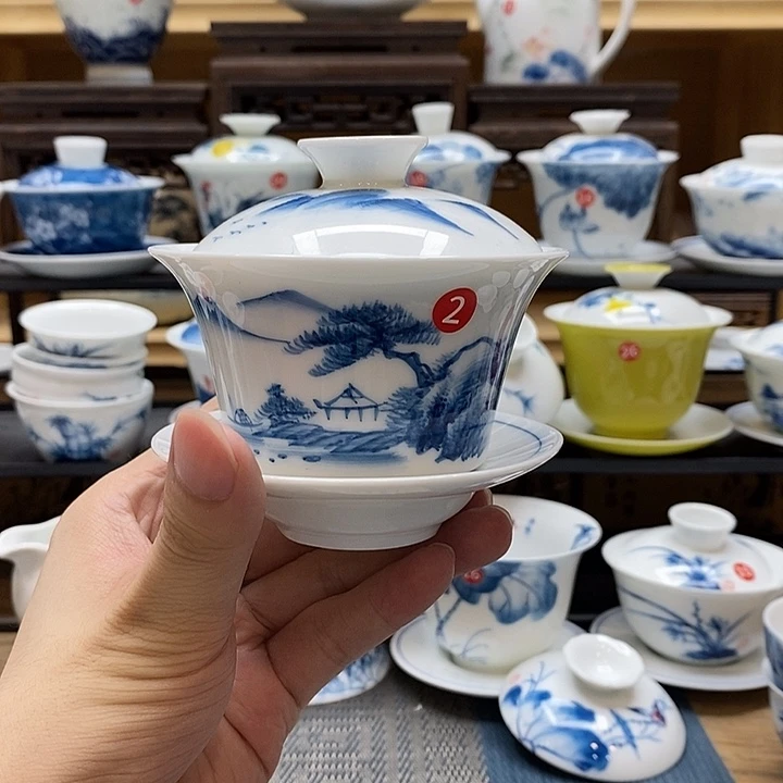 手绘云雾山水140盖碗釉下彩高温瓷微瑕福利款