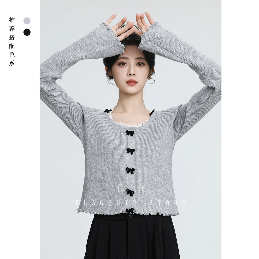 灰色挂脖长袖针织衫女春秋2025新款蝴蝶结蕾丝拼接打底衫短款上衣