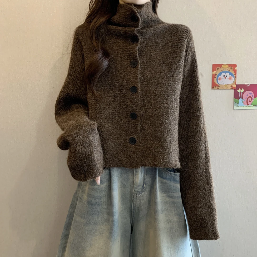 设计感高领紫色毛衣外套女秋冬2025新款大码胖mm短款长袖针织开衫