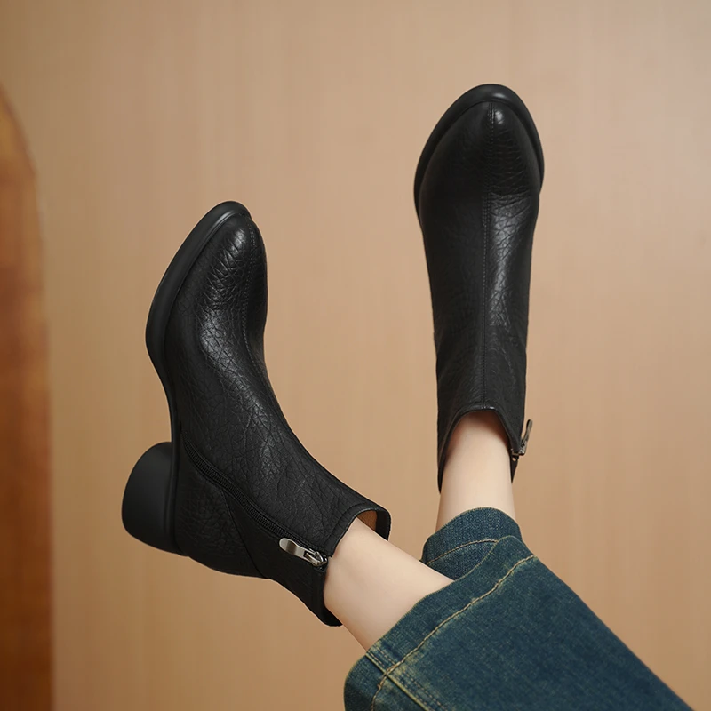 中跟5CM/真皮秋冬粗跟女百搭短靴老钱风异形跟芒果头加绒女士皮靴