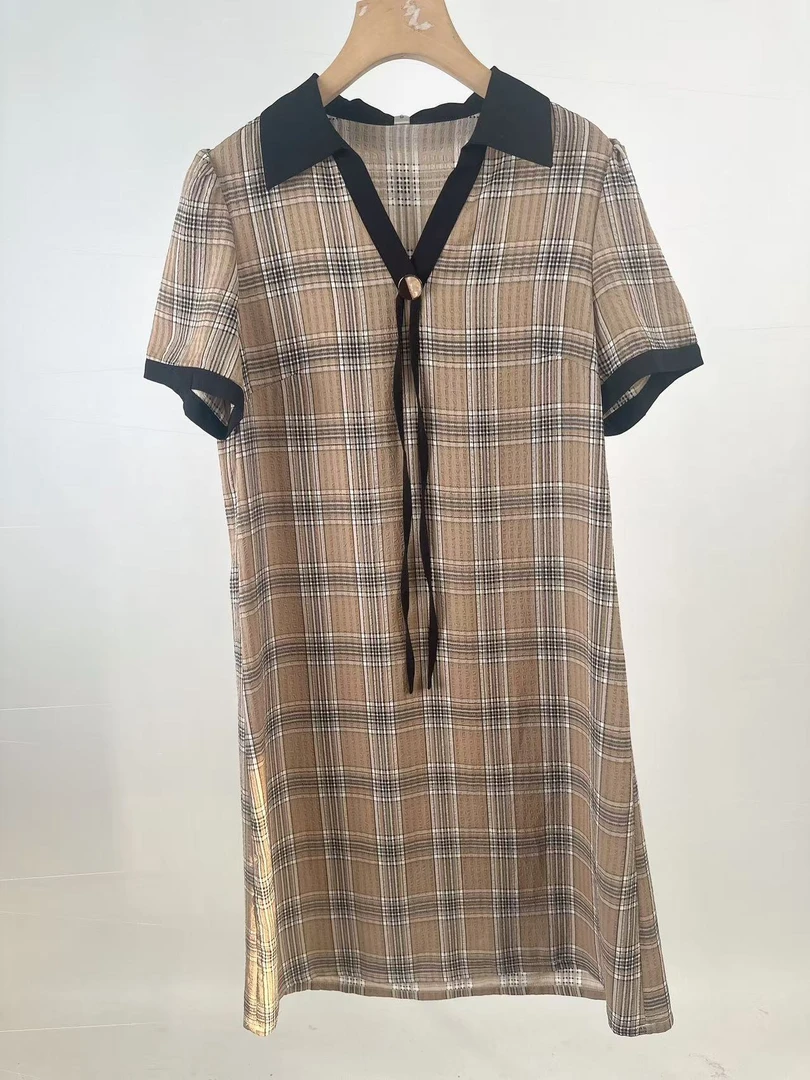 【JX2302格子气质裙】麦多多专属百搭洋气款夏季短袖中长款连衣裙