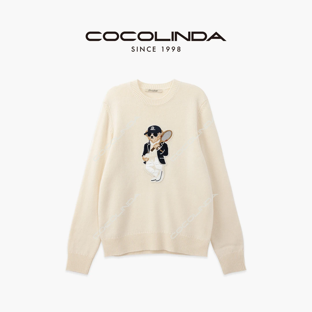 COCOLINDA |  7针绵羊毛男女CP贴布工艺平纹卡通小熊毛衣S5315