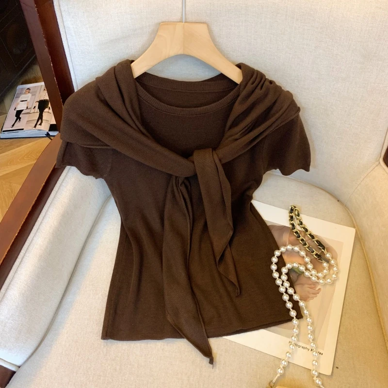 洋气简约百搭气质夏季新款高级感短袖显瘦针织衫带披肩两件套