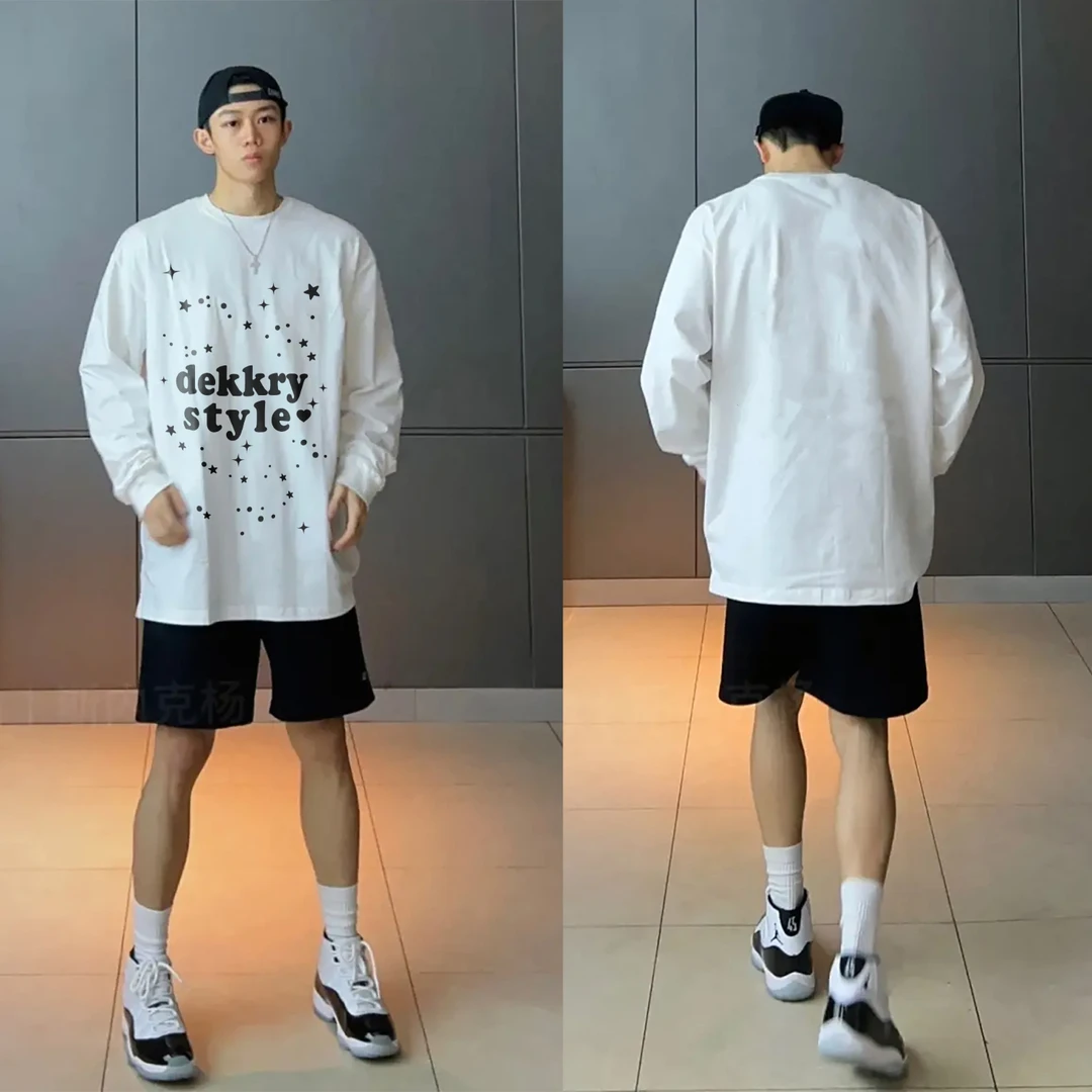 美式字母星星印花长袖t恤男女宽松慵懒百搭设计感圆领百搭上衣潮