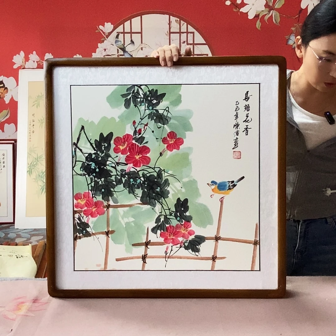 国画手写手绘国画作品带框包邮62✖️62