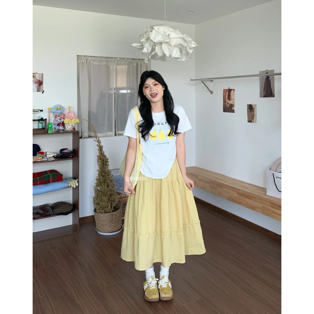 青屿衫-甜美正肩梨子印花T恤修身收腰上衣春季微胖显瘦大码女装