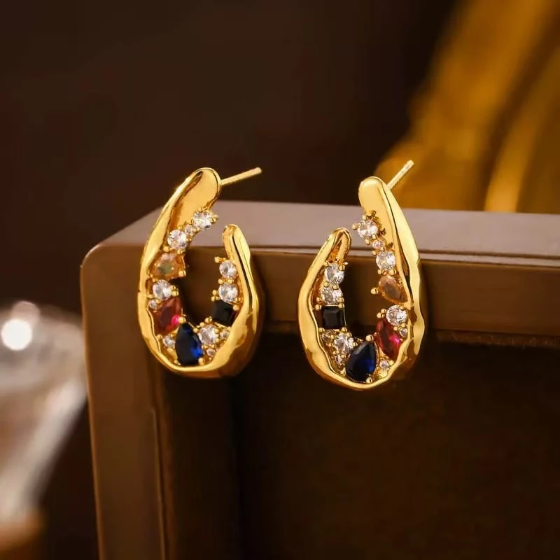铜合金合成锆石耳饰 法式金色耳钉简约欧美轻奢风设计优雅耳环女