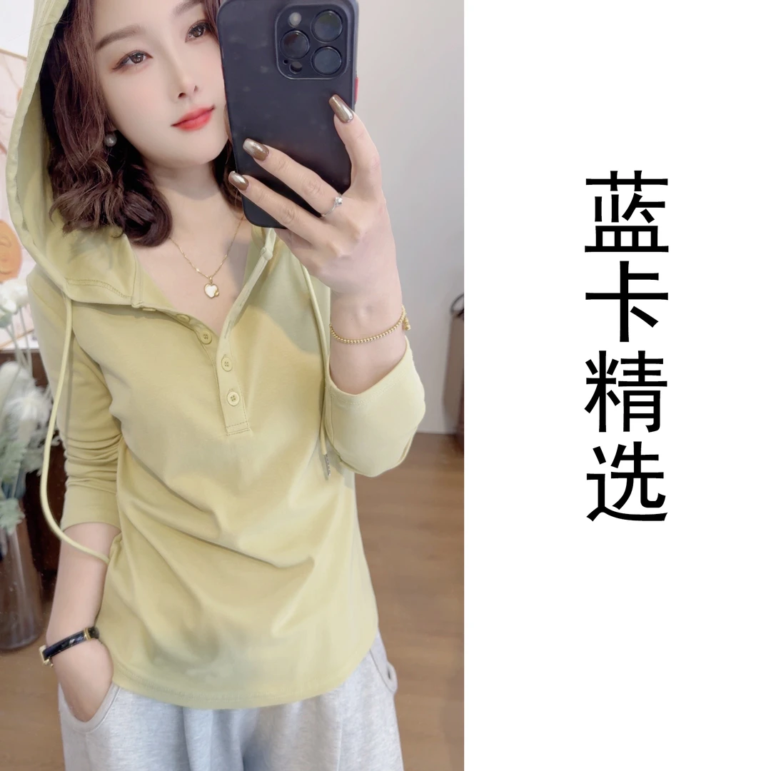 蓝卡缇定制优质面料文艺范简约打底连帽长袖T恤显瘦休闲宽松百搭