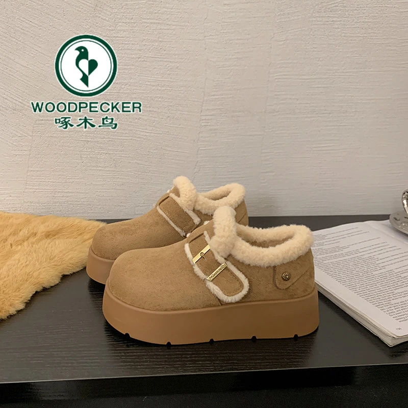 啄木鸟厚底加绒勃肯鞋女冬季毛毛鞋子2025新款爆款一脚蹬雪地棉鞋