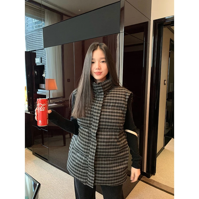 YOKLASS少女家 黑灰色格纹棉服无袖夹克百搭背心外套 Y29280S44