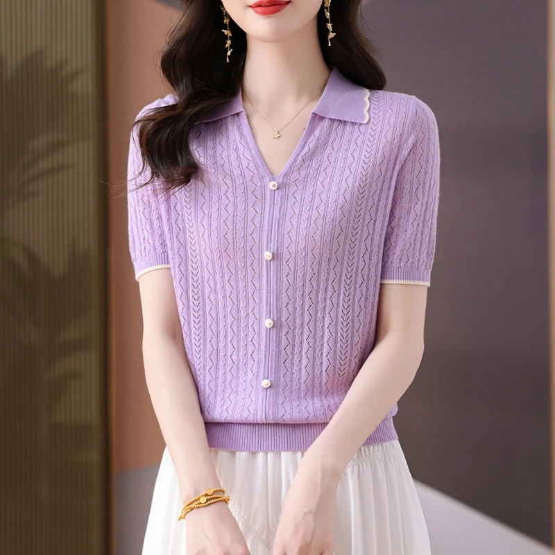 2025翻领薄款宽松针织衫短款女百搭女装短袖开衫镂空毛针织衫