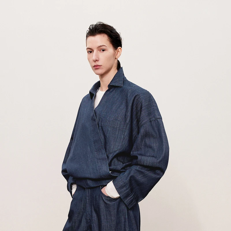 LESS休闲宽松交叠式套头上衣女时尚莱赛尔棉牛仔衬衫女2O8212480