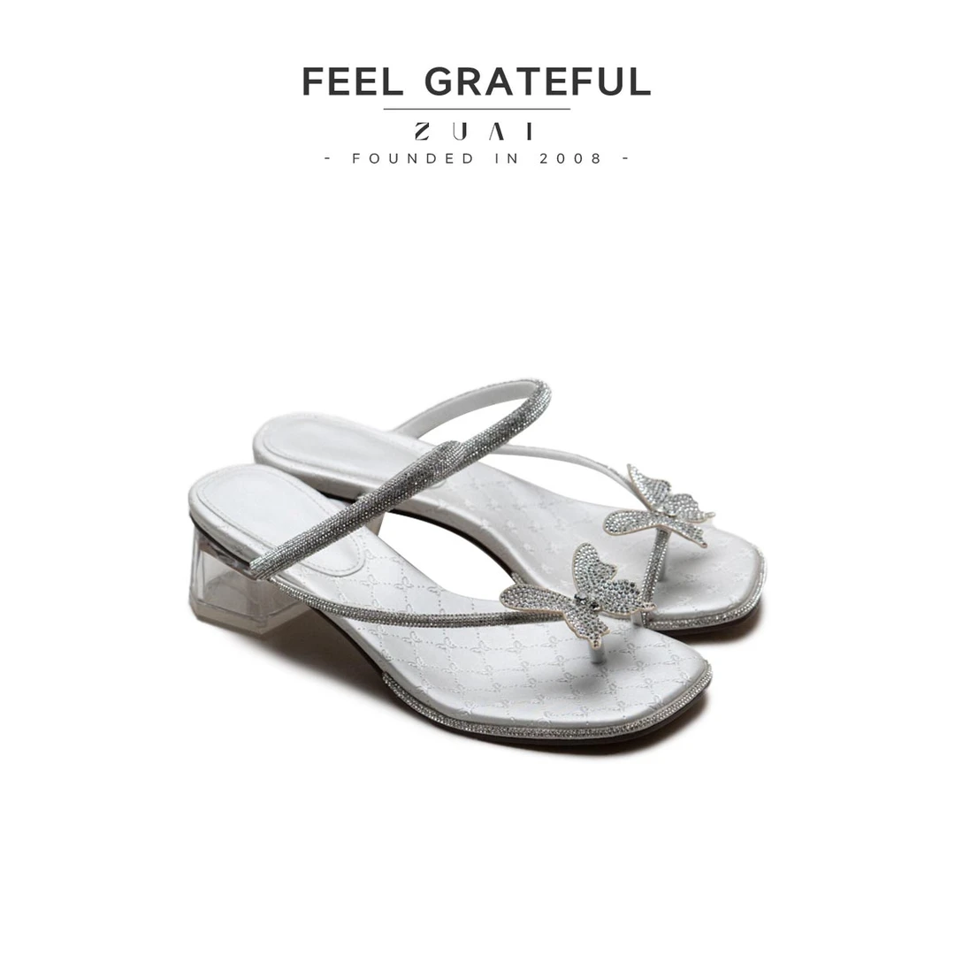 24ZUAI243【小福蝶】水钻蝴蝶凉鞋水晶跟粗跟拖鞋套趾鞋