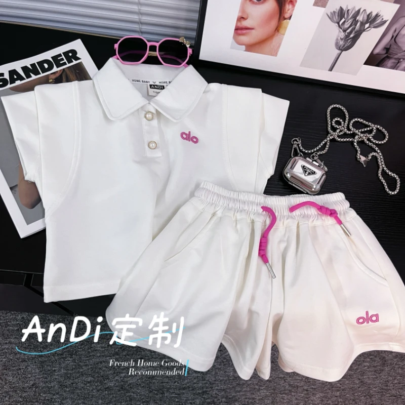 〖ANDI〗安迪订制夏季女童刺绣字母韩系短袖短裤两件套套装4351