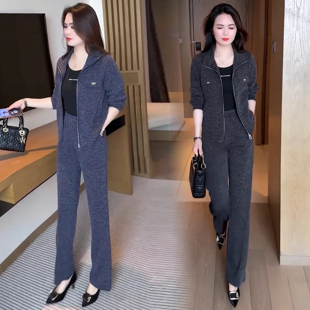 休闲运动套装女2025春秋新款洋气宽松显瘦立领短外套阔腿裤两件套