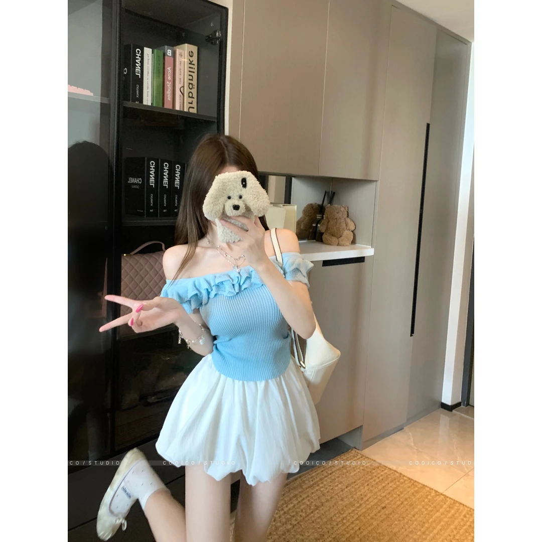 荷叶边针织衫辣妹修身抹胸背心无袖上衣显瘦花苞短裙气质夏季法式