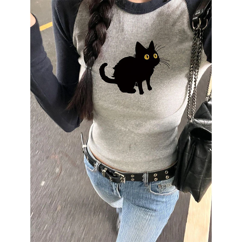美式y2k辣妹长袖T恤女春秋季小众复古猫咪印花修身显瘦上衣打底衫