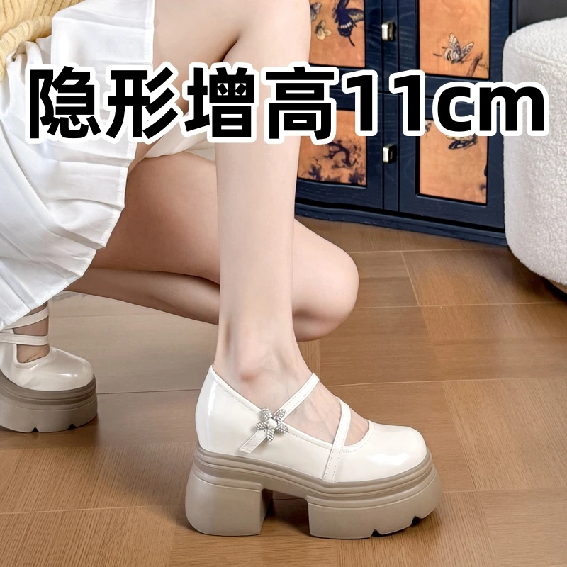内增高女圆头法式单鞋新款白色高跟厚底百搭鞋子女高颜值厚底鞋