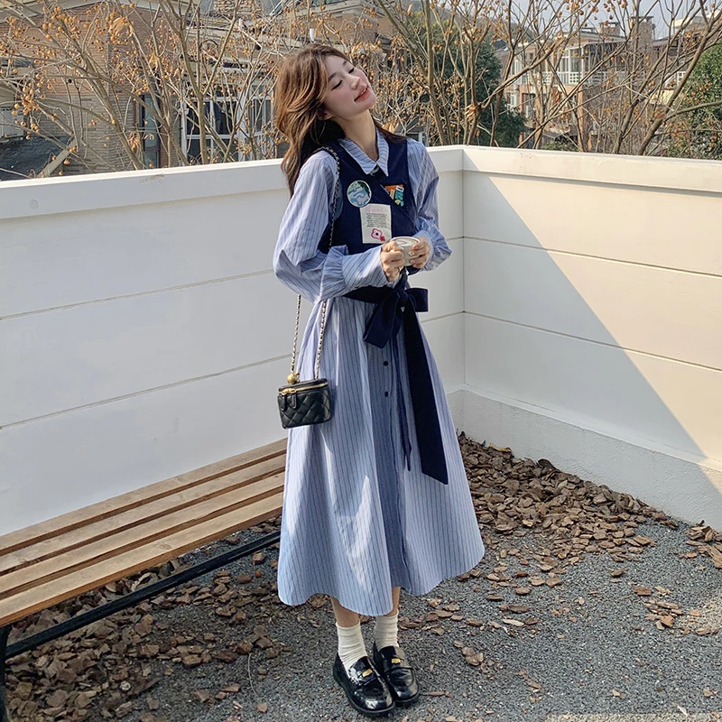 设计感假两件条纹衬衫裙女2025春秋韩系学院风收腰显瘦长款连衣裙