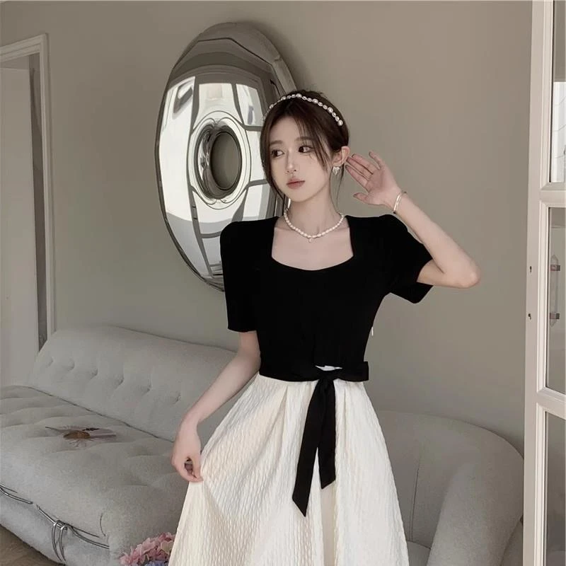 大码假两件方领连衣裙女夏季新款高级感气质胖mm遮肚子显瘦长裙子