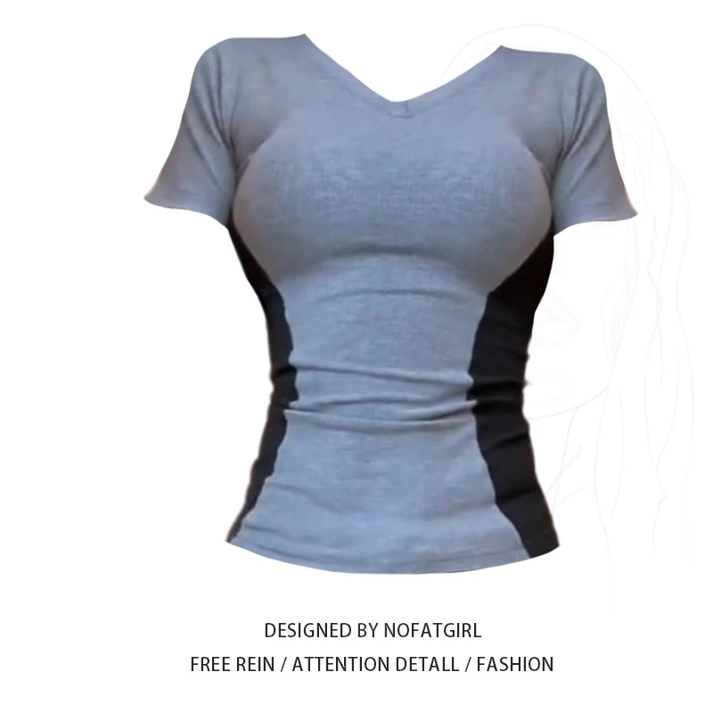 大码胖妹妹美式复古撞色正肩短袖t恤女夏季2025显瘦修身辣妹上衣