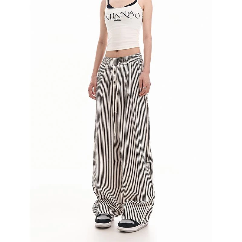 梨形身材穿搭大码黑白条纹休闲裤女胖妹妹高腰mm显瘦阔腿山本长裤