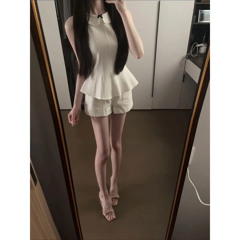 2025夏季新款减龄蝴蝶结娃娃领收腰显瘦无袖背心女配高腰显瘦短裤