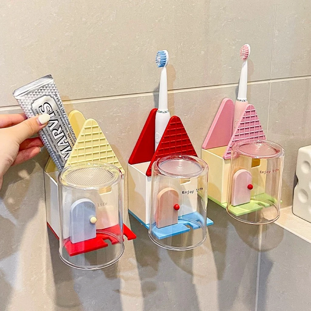 壁挂牙刷置物架漱口杯套装卫生间家用免打孔磁吸洗漱杯架原创可爱