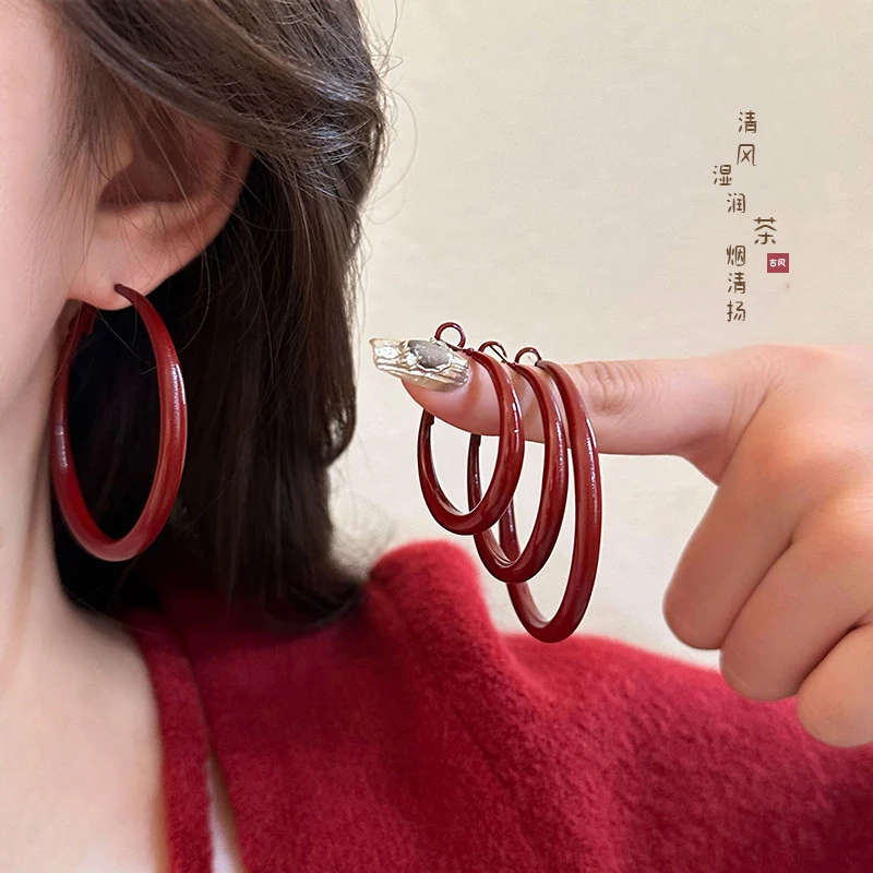 合金耳饰 合金耳饰安可拉红色圆圈耳环大圈圈复古港耳圈简约耳饰
