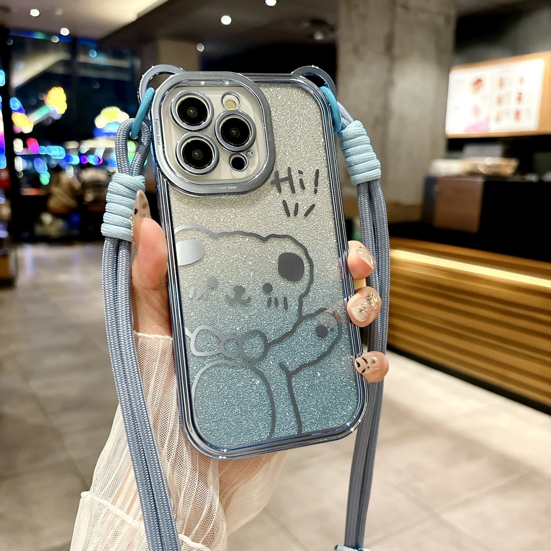 闪粉小熊适用iPhone16Pro手机壳斜挂手提绳苹果15女款14潮流13/12